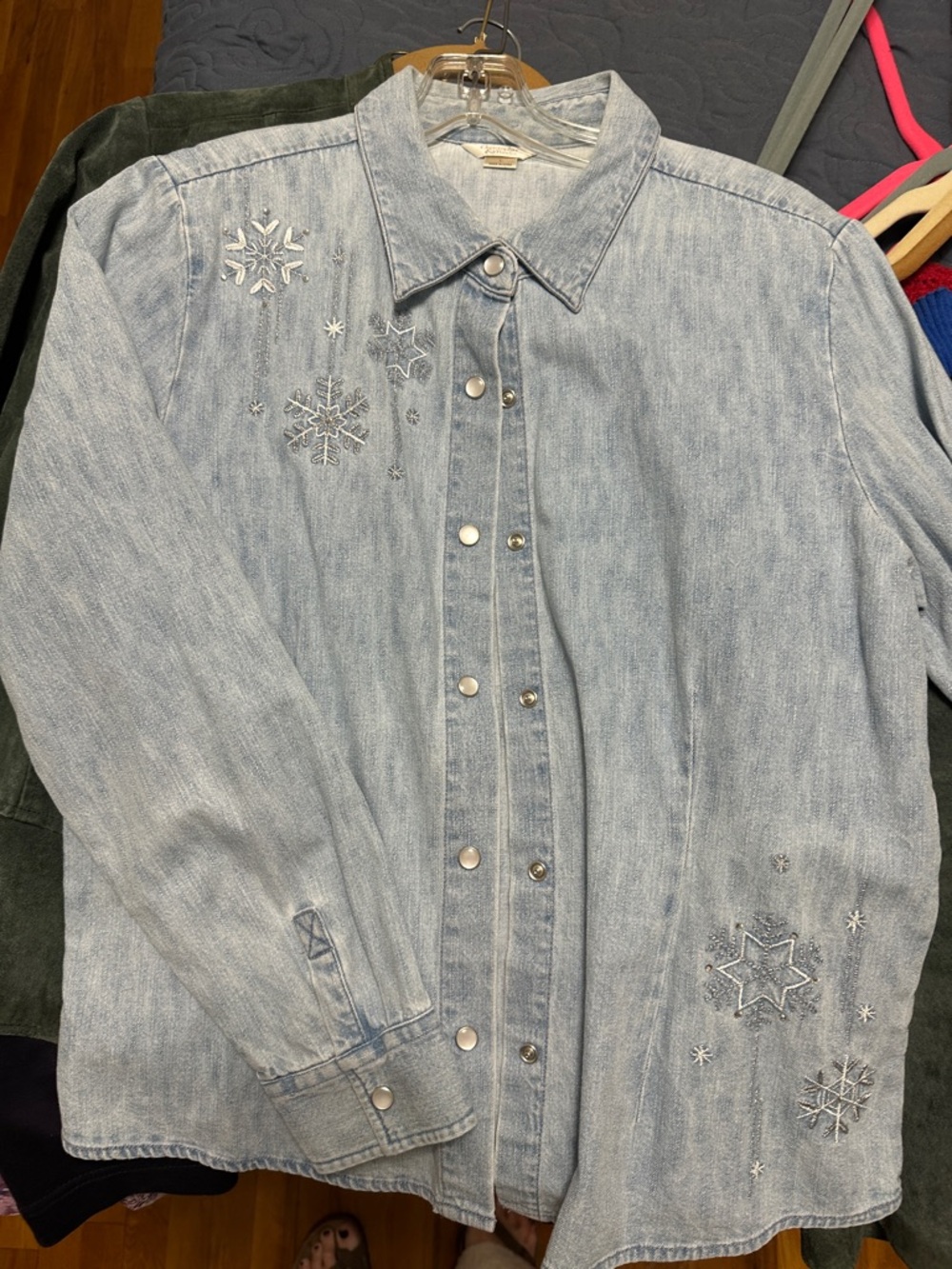 Christopher and Banks Light Wash Denim Button-Up Shirt with Snowflake Embroidery